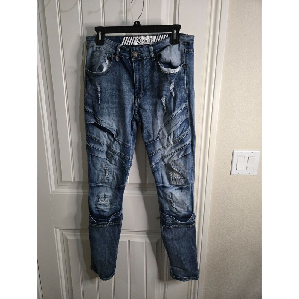 RGSTR Men’s Jeans Size 34 Blue Distressed Moto Biker Skinny Slim Stretch Denim